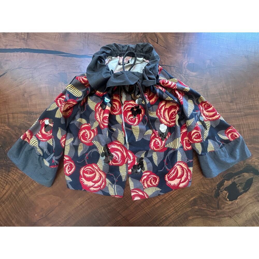 Rozae Nichols Silk Blend Rose Print Cape Jacket M Avant-Garde Sequin Whimsigoth